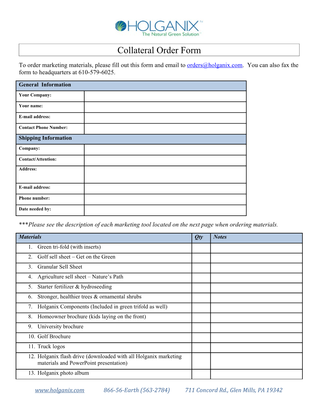 Collateral Order Form