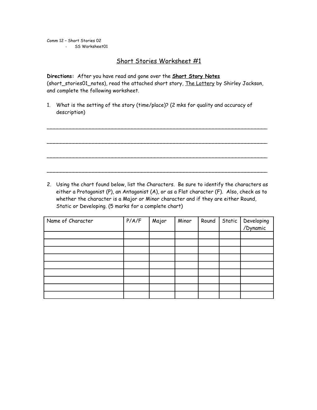 Short Stories Worksheet #1