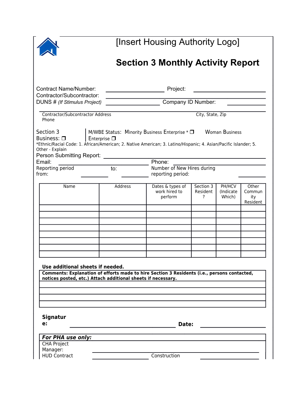 Insert Housing Authority Logo Section 3 Monthly Activity Report