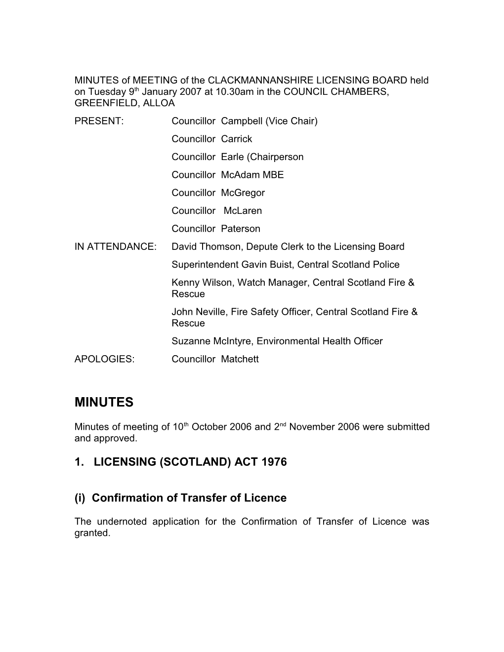MINUTES of MEETING of the CLACKMANNANSHIRE LICENSING BOARD Held in the COUNCIL CHAMBERS