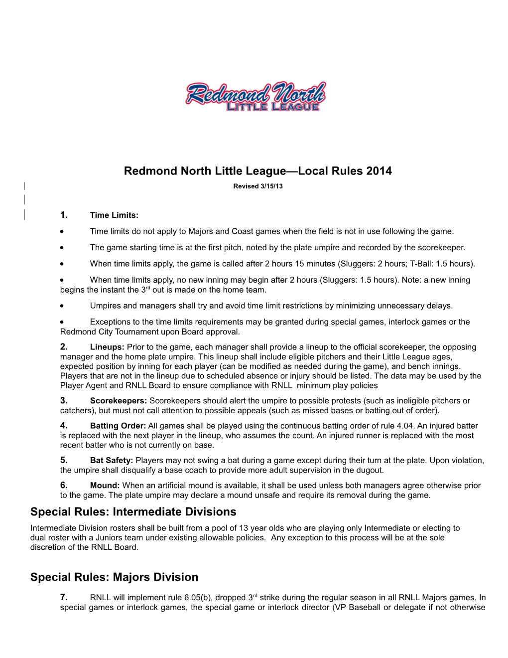 Redmond North Little League Local Rules 2014
