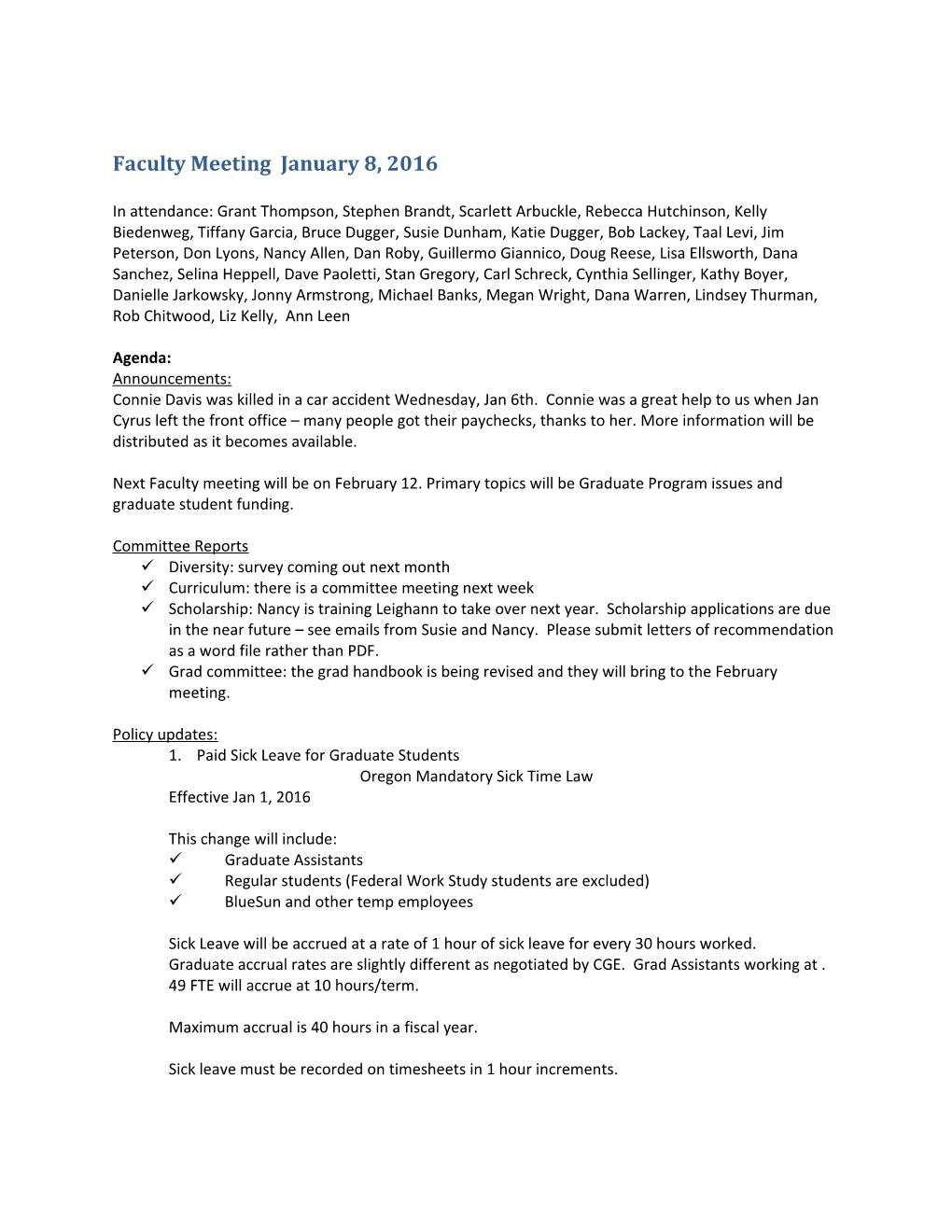 Faculty Meeting January 8, 2016