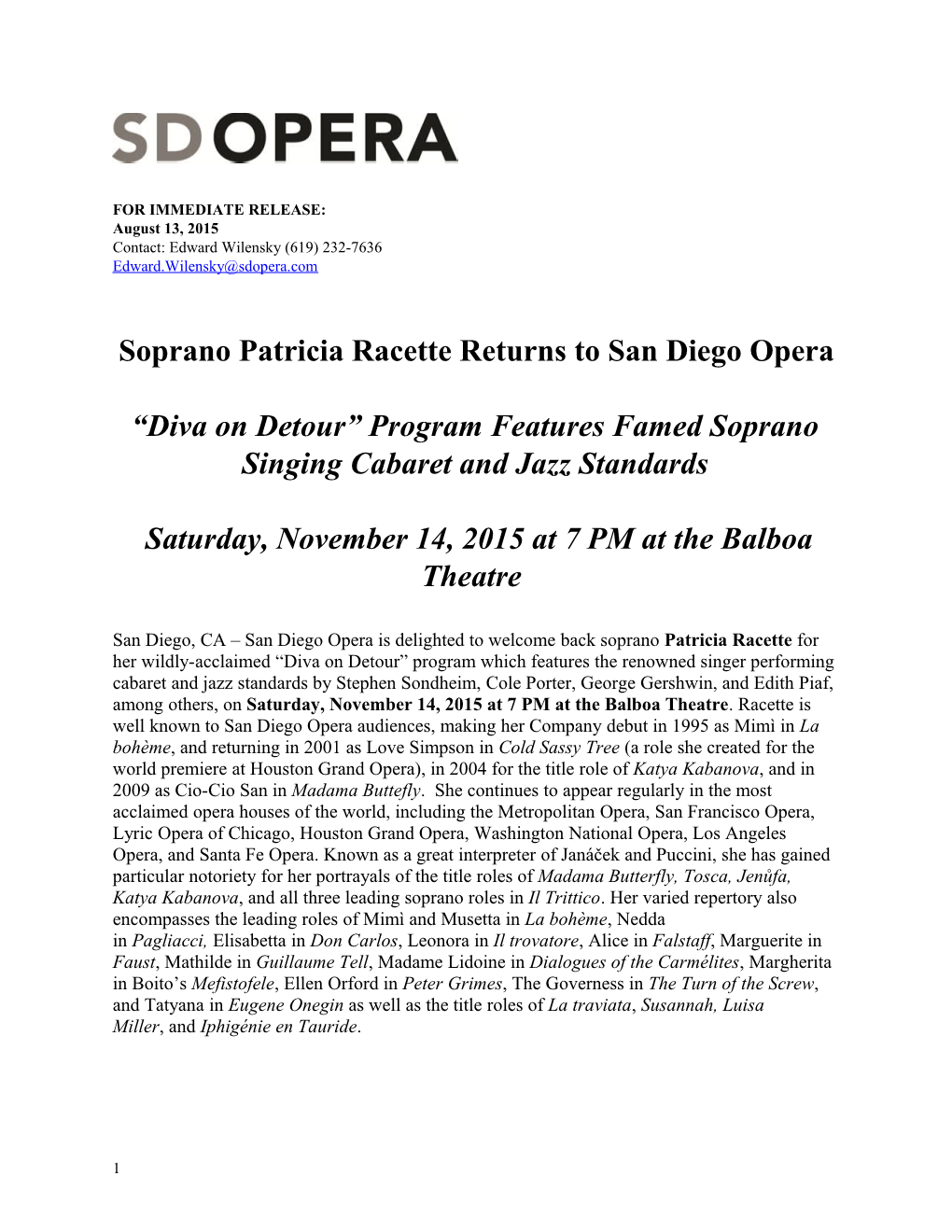 Soprano Patricia Racette Returns to San Diego Opera