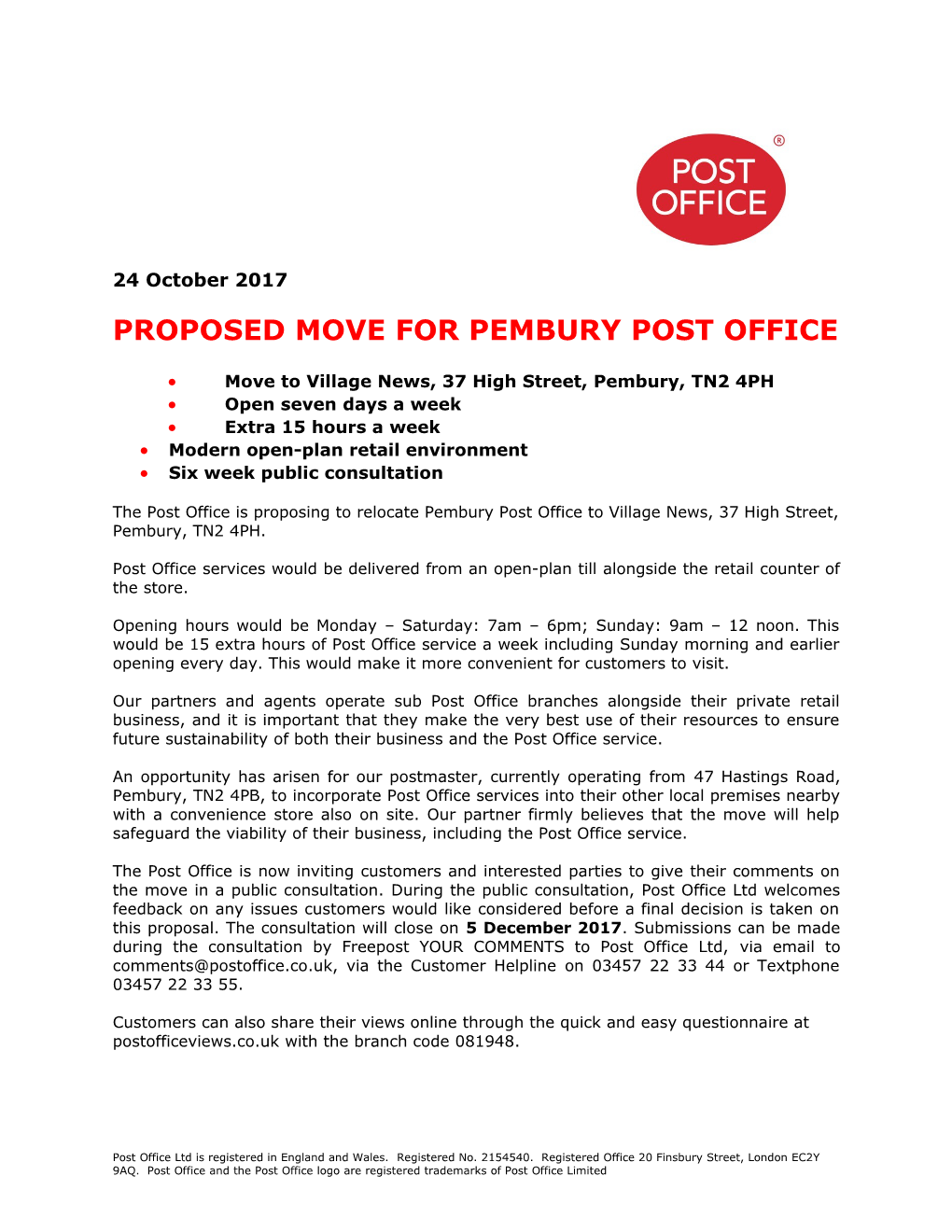 Proposed Move for Pembury Post Office