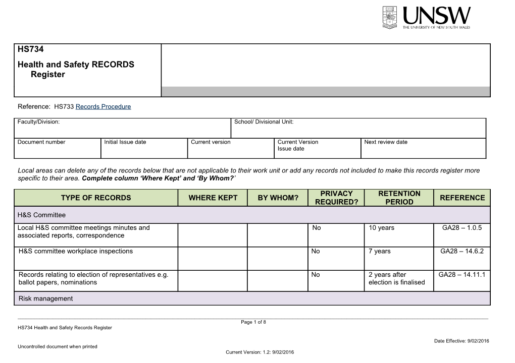 Health and Safety RECORDS Register