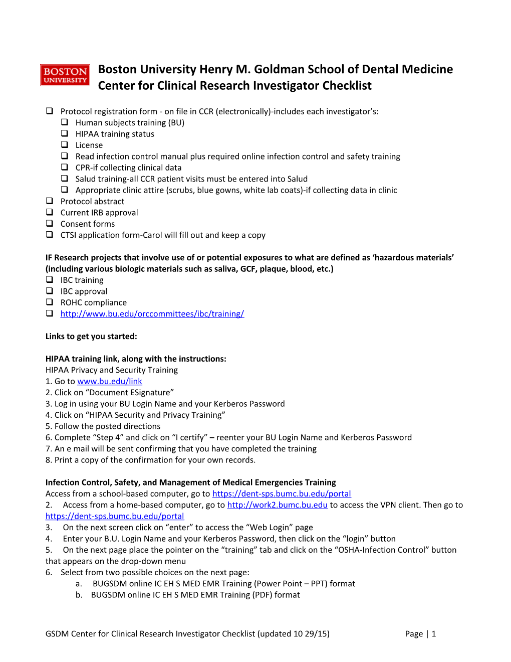 Center for Clinical Research Investigator Checklist