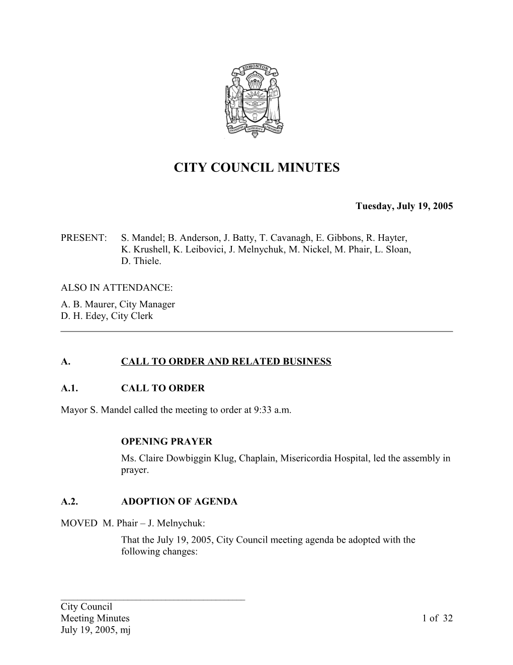 Minutes for City Council July 19, 2005 Meeting