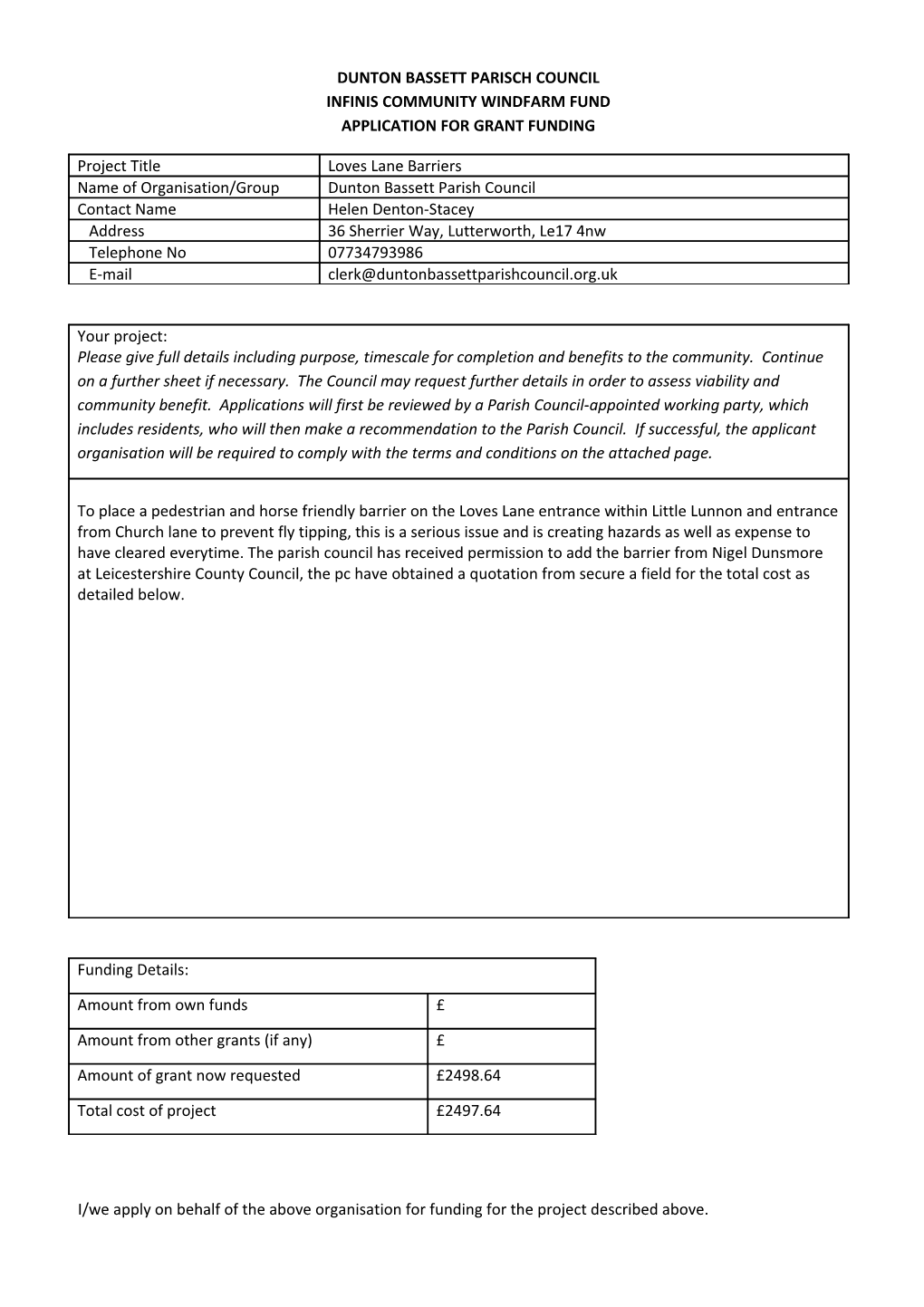 Dunton Bassett Parisch Council Infinis Community Windfarm Fund Application for Grant Funding