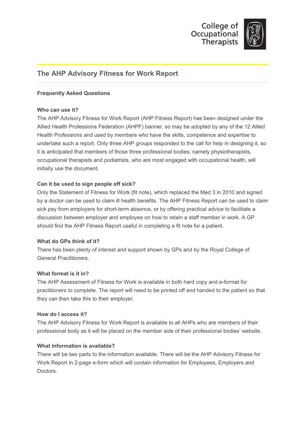 The AHP Advisory Fitness for Work Report