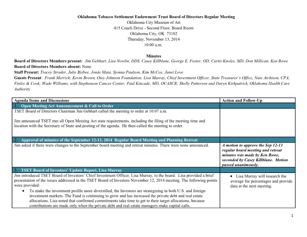 Oklahoma Tobacco Settlement Endowment Trust Board of Directors Regular Meeting