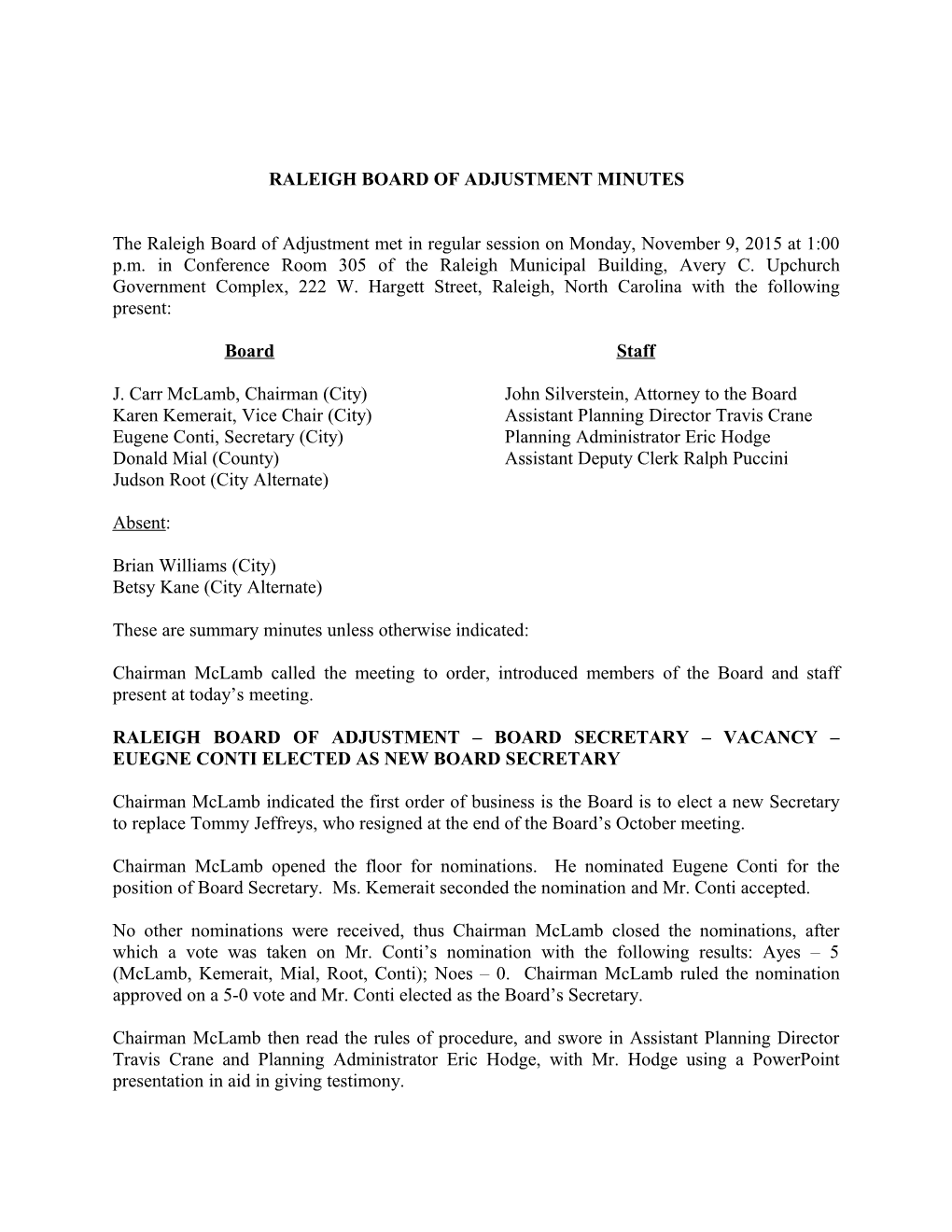 Raleigh Board of Adjustment Minutes - 11/09/2015