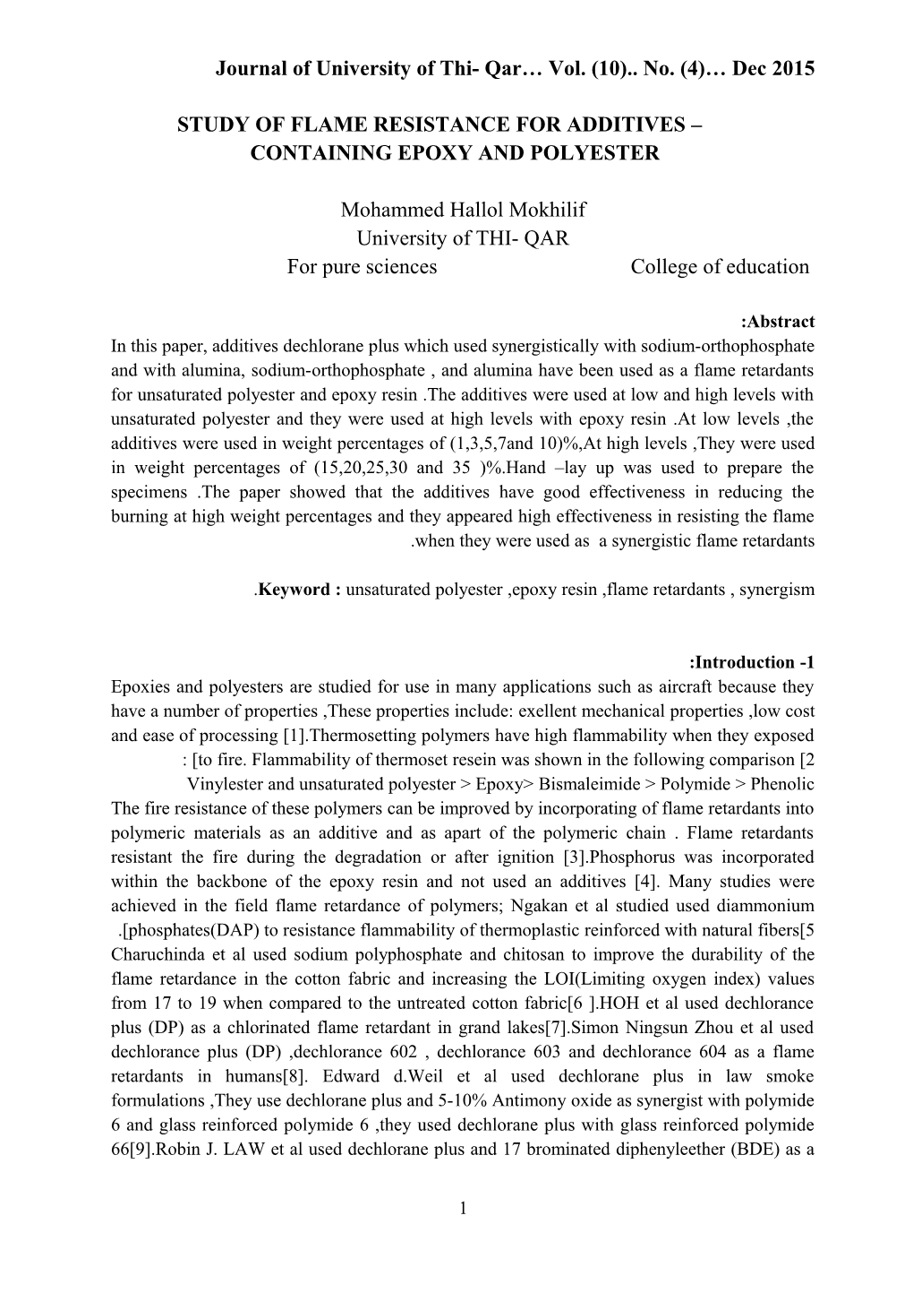 Flame Resistance of Additives Containing Epoxy and Polyester