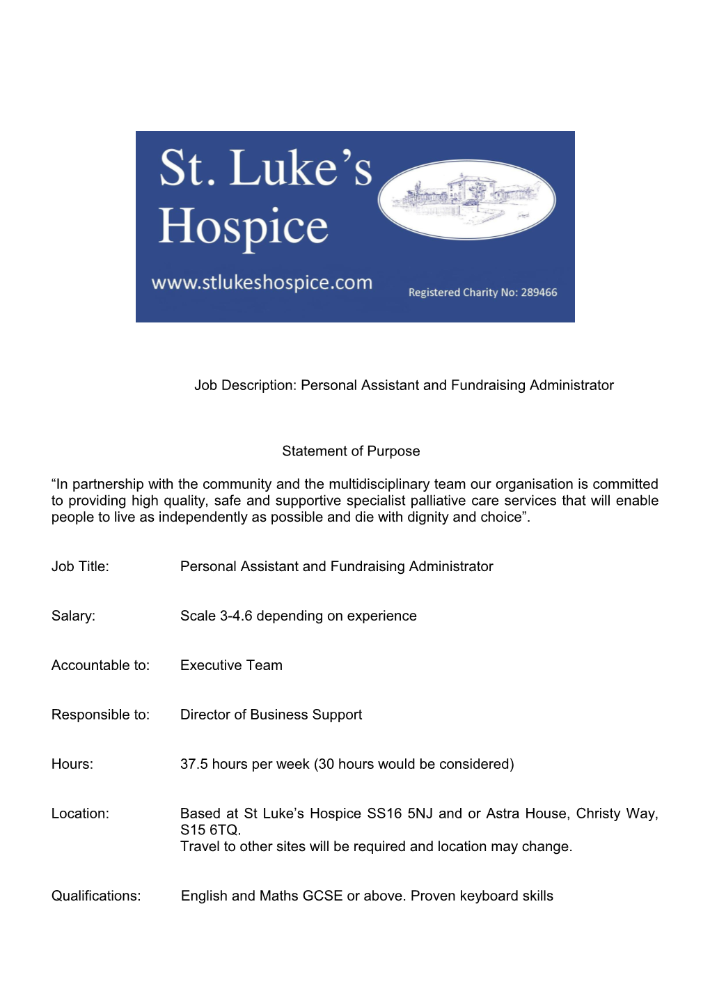 Job Description: Personal Assistant and Fundraising Administrator