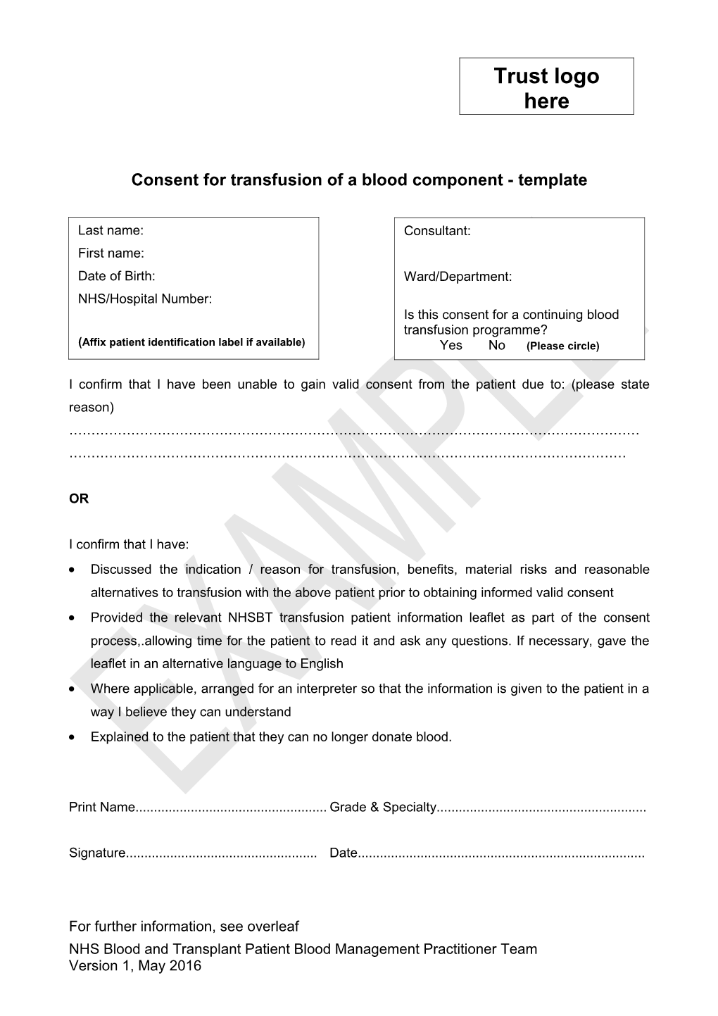 Consent for Transfusion of a Blood Component - Template