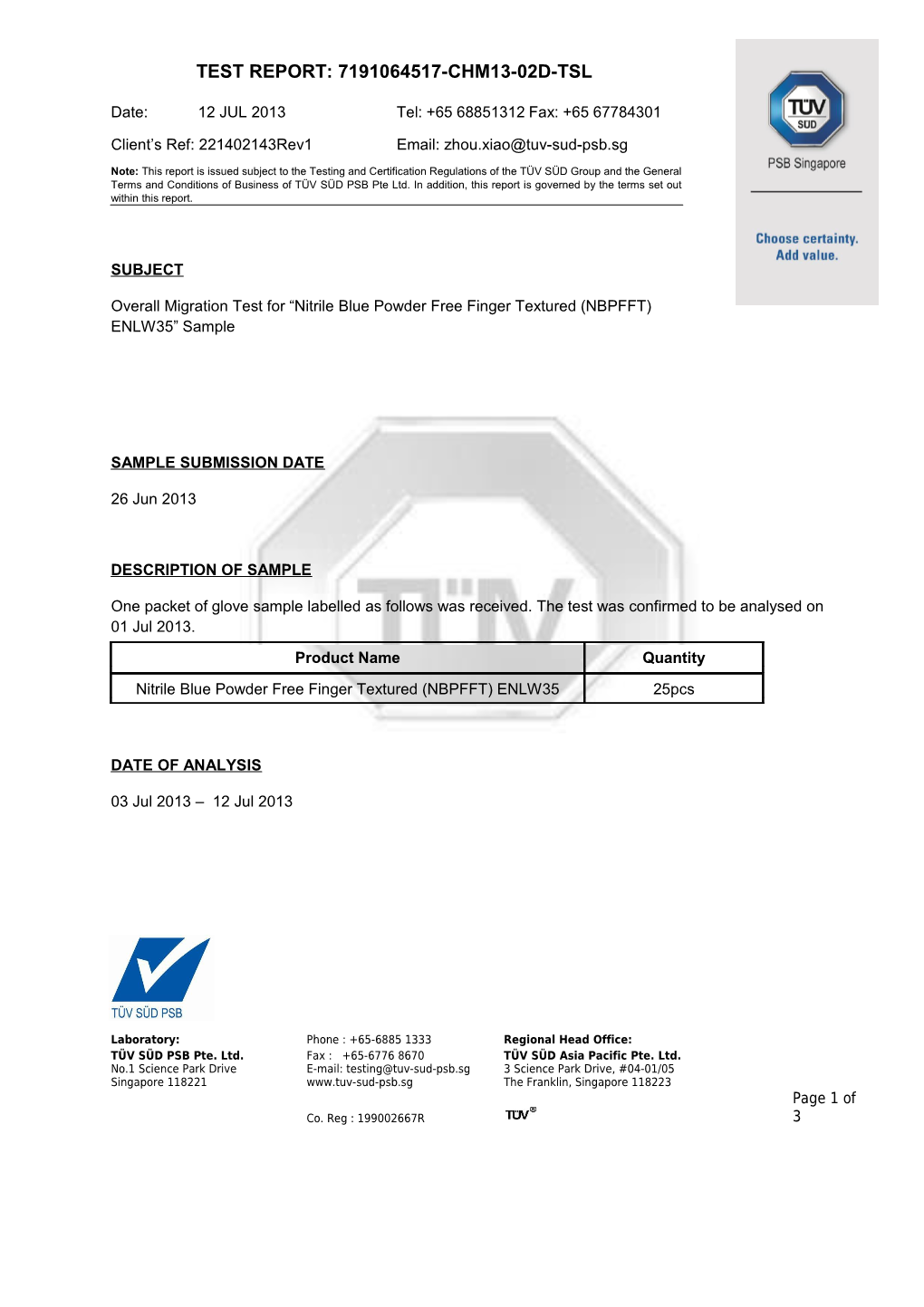 Overall Migration Test for Nitrile Blue Powder Free Finger Textured (NBPFFT) ENLW35 Sample