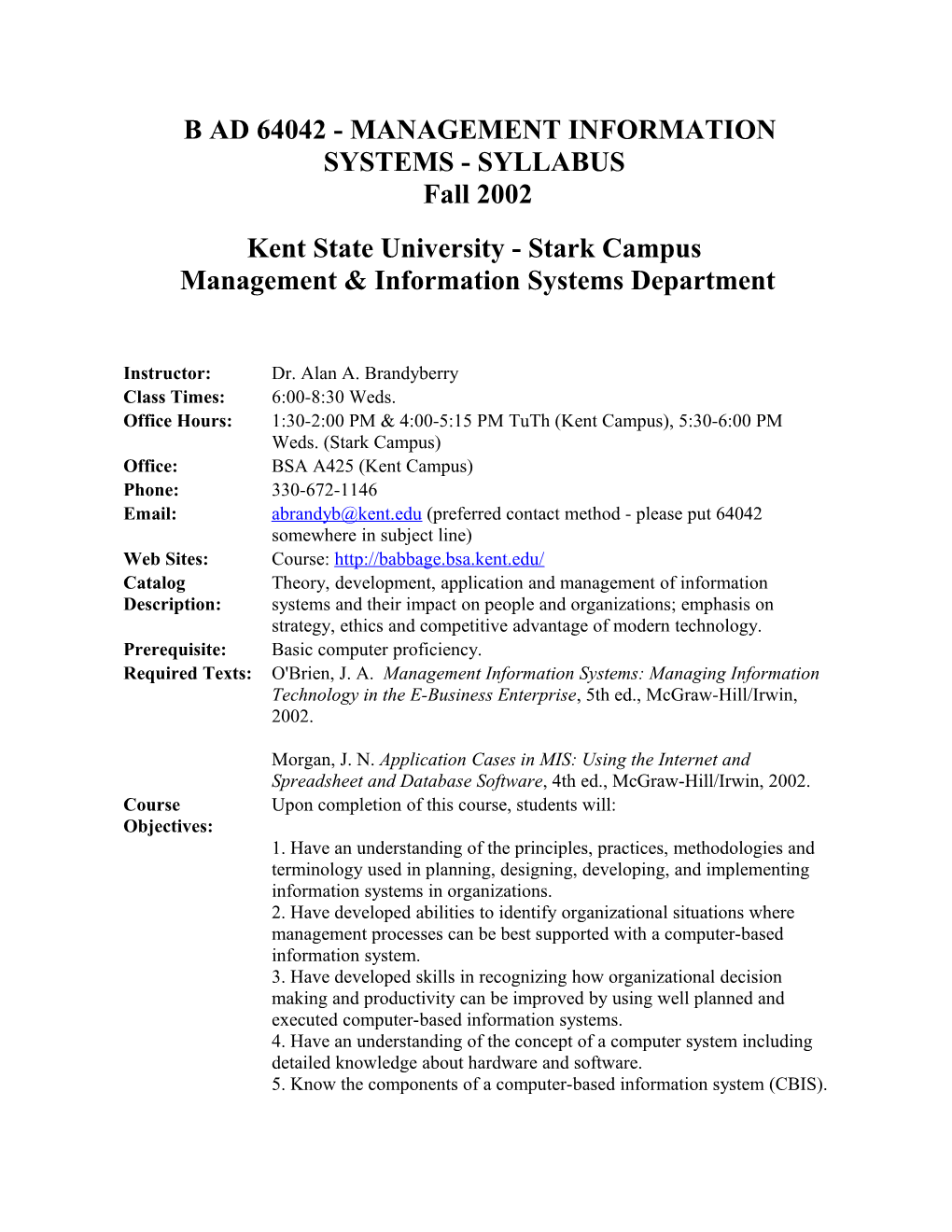 B Ad 64042 - Management Information Systems - Syllabus
