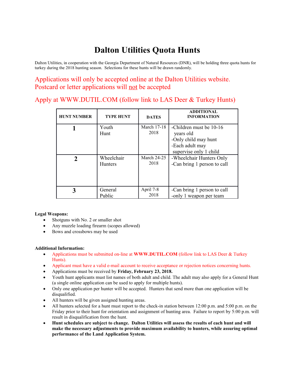 Dalton Utilities Quota Hunts