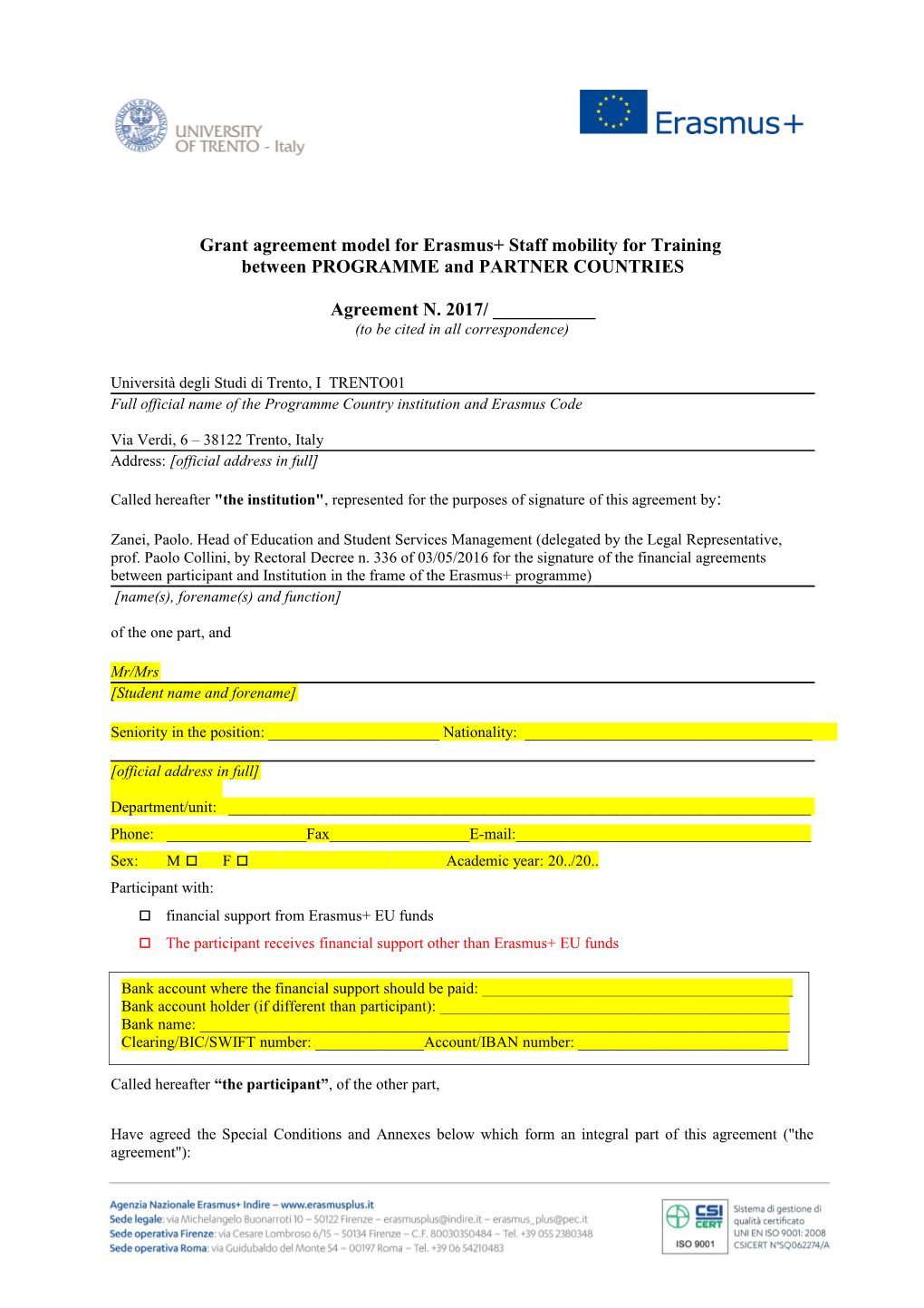 Gfna-II-B-Erasmus+ Grant Agreement for Studies (No Traineeships) for KA107 Revision 2015