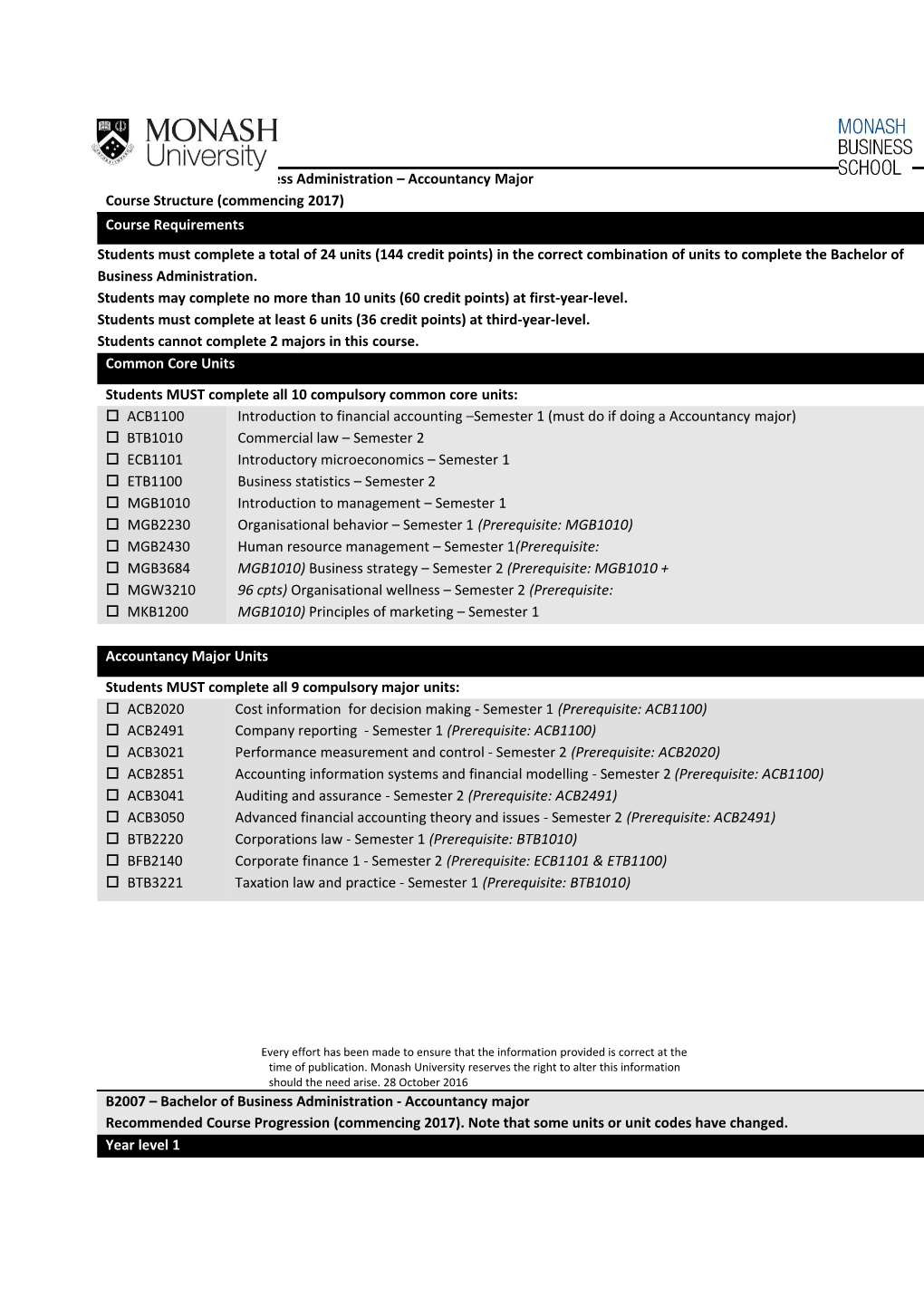 B2007 Bachelor of Business Administration Accountancy Major Course Structure (Commencing 2017)