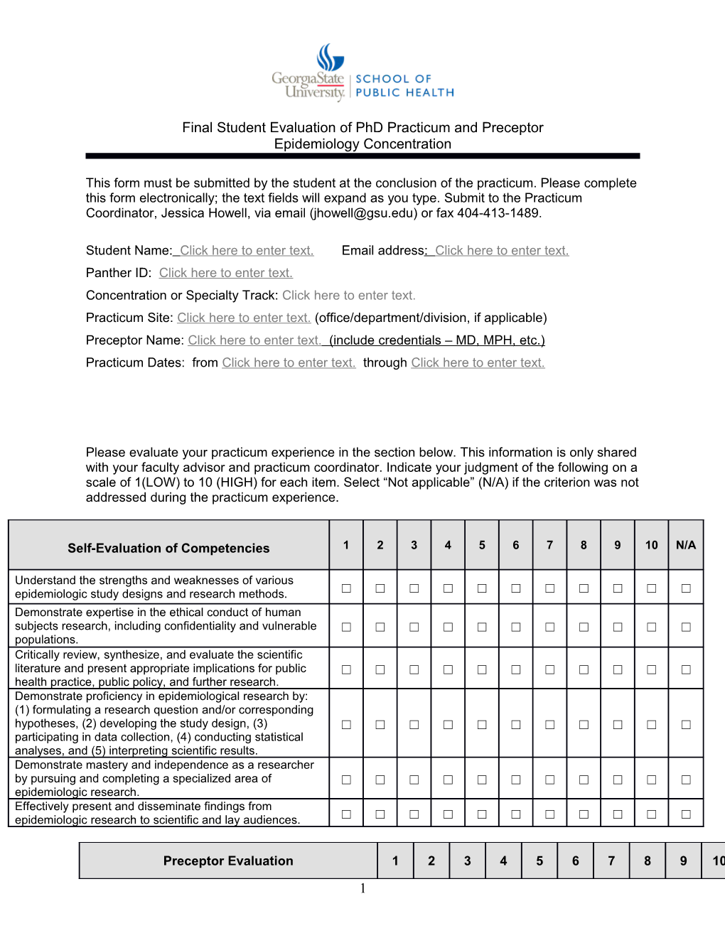 MPH Professional Experience Evaluation Form