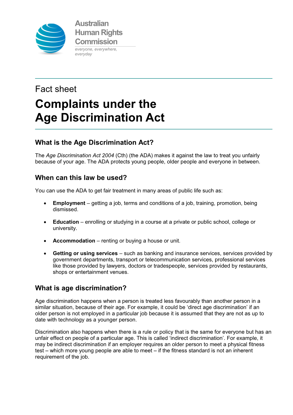Factsheet Complaints Under the Age Discrimination Act