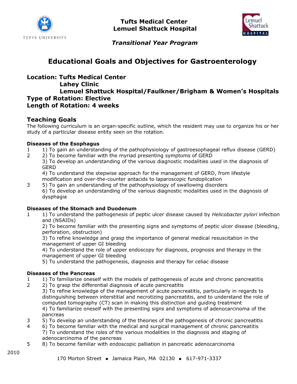 Educational Goals and Objectives for Gastroenterology