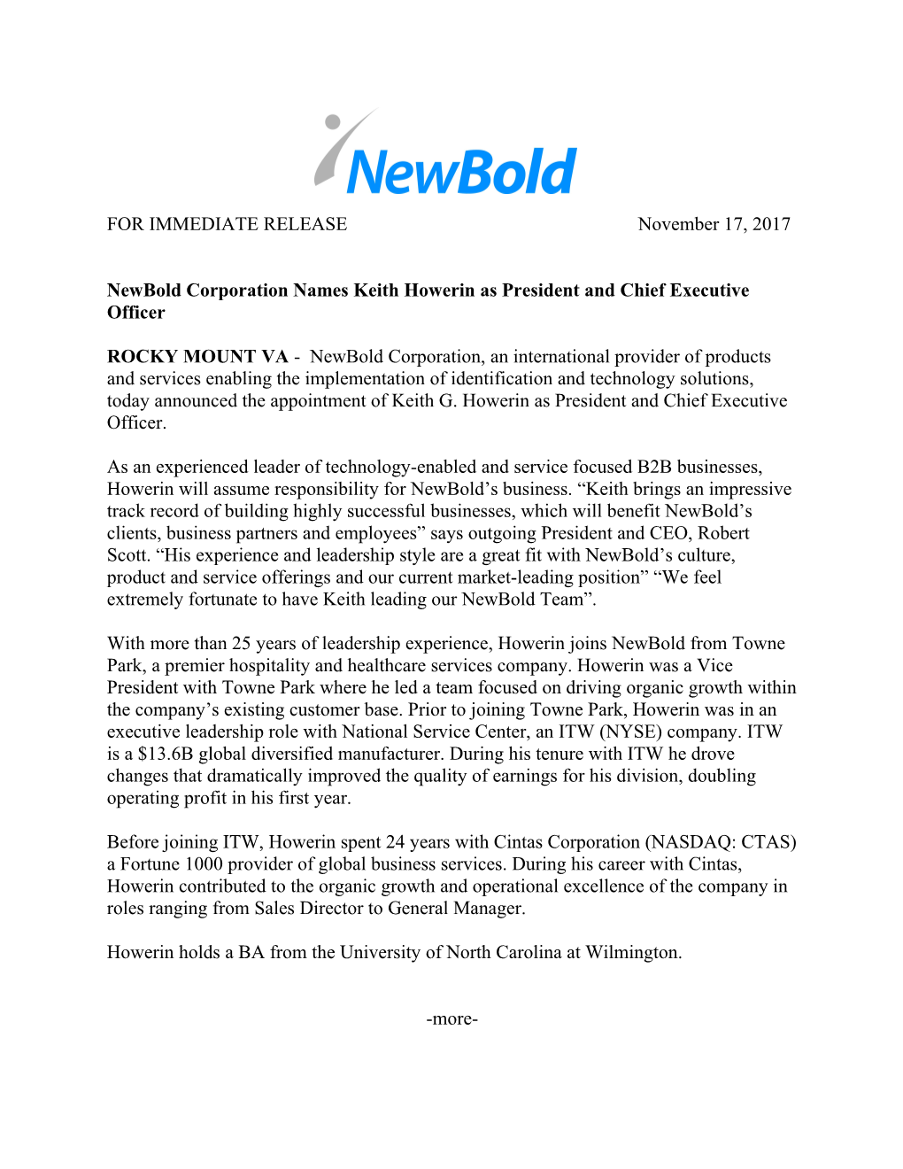Newbold Corporation Names Keith Howerin As President and Chief Executive Officer
