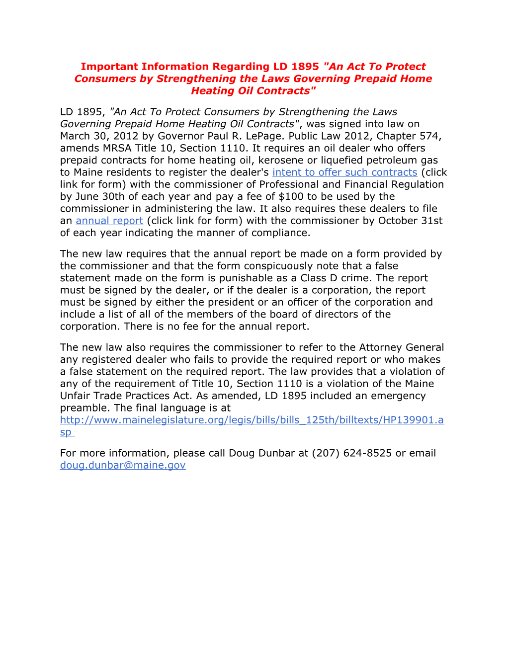 Important Information Regarding LD 1895 an Act to Protect Consumers by Strengthening The