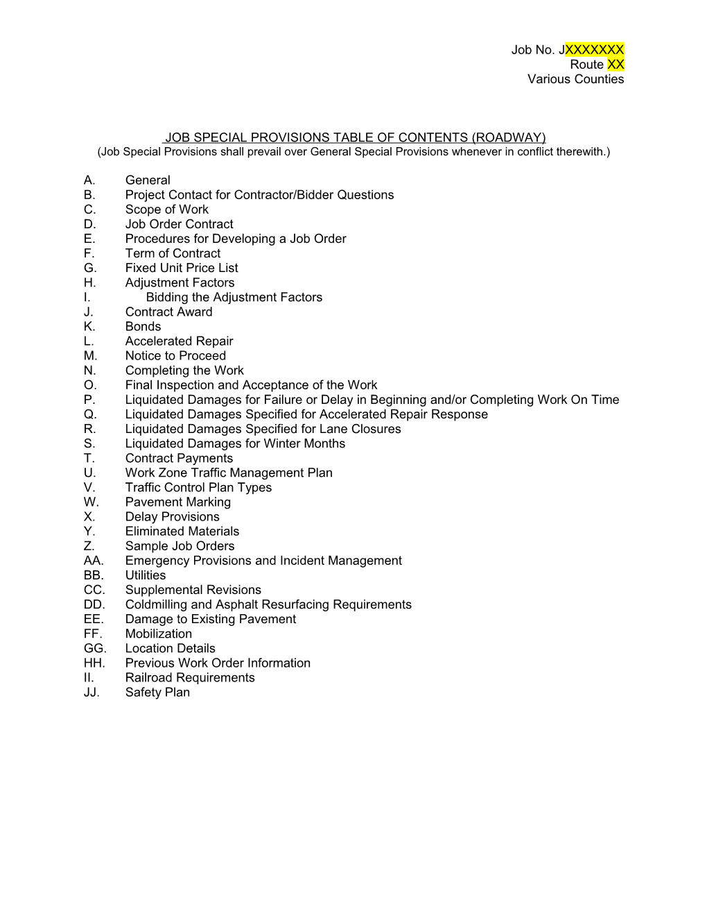 Job Special Provisions Table of Contents (Roadway) s3