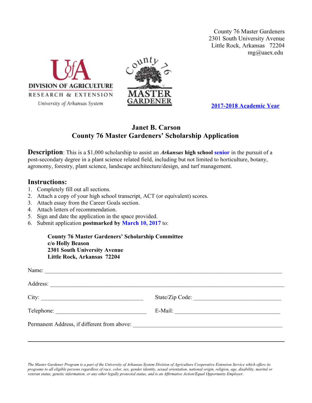 County 76 Master Gardeners Scholarship Application