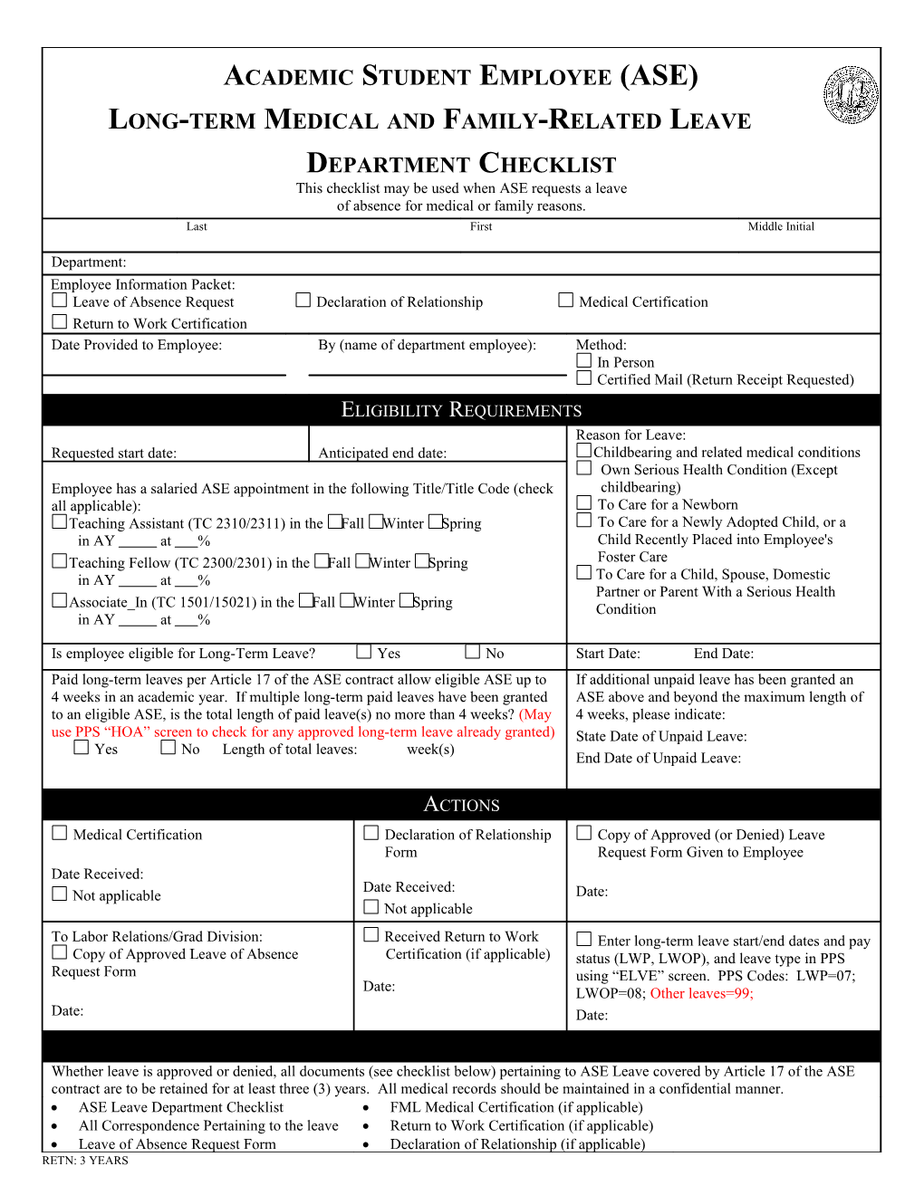 FML Department Checklist