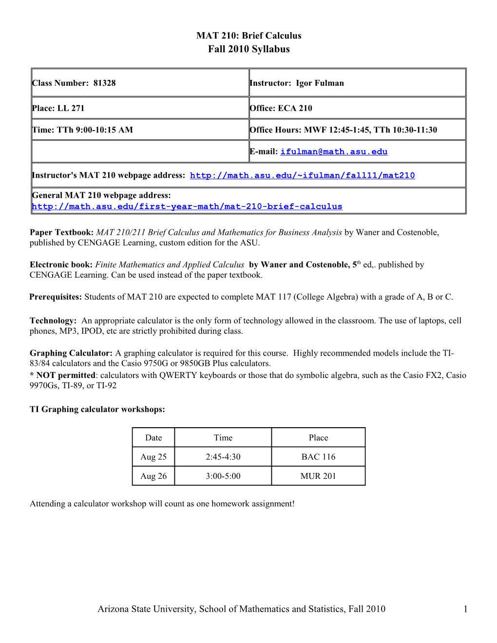 Mat 210: Brief Calculus