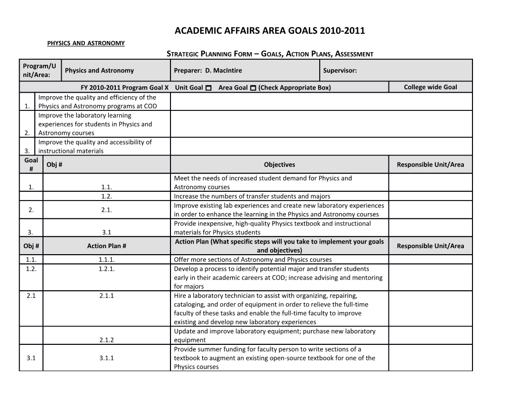 Academic Affairs Area Goals 2010-2011
