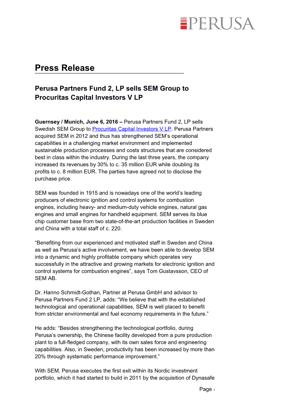 Perusa Partners Fund 2, LP Sells SEM Group to Procuritas Capital Investors V LP