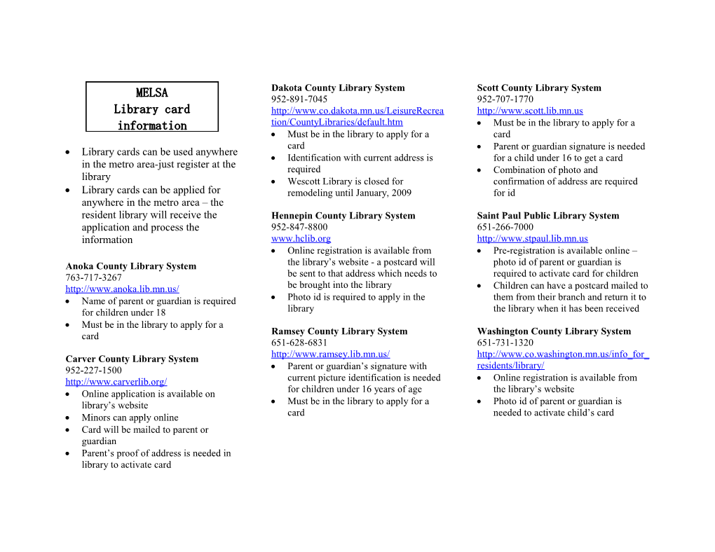 MELSA Library Card Information