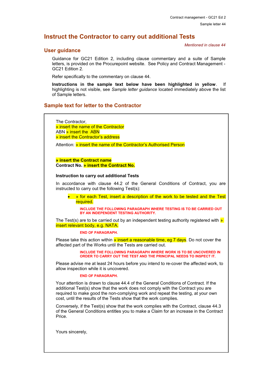 MW21 Sample Letter 8A - Instruct the Contractor to Uncover Or Test Work