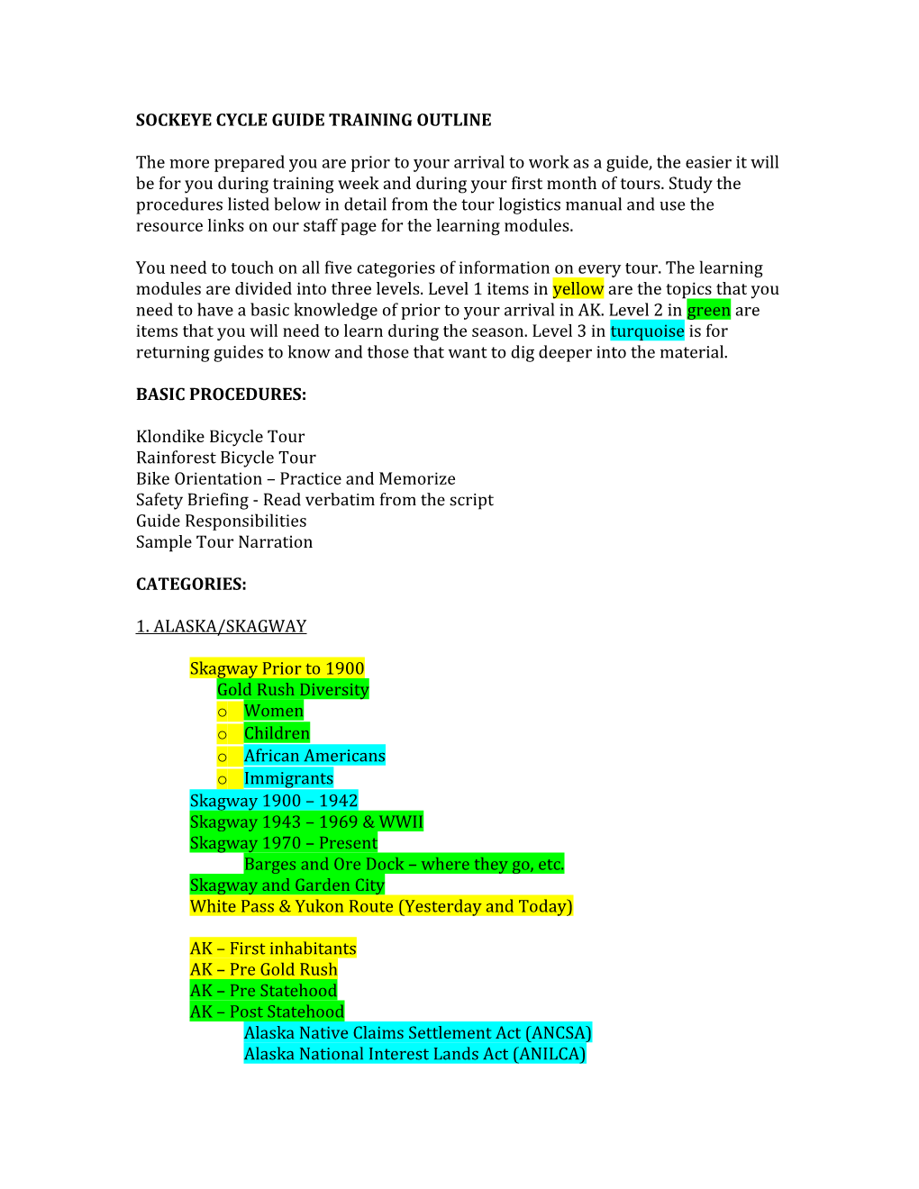 Sockeye Cycle Guide Training Outline