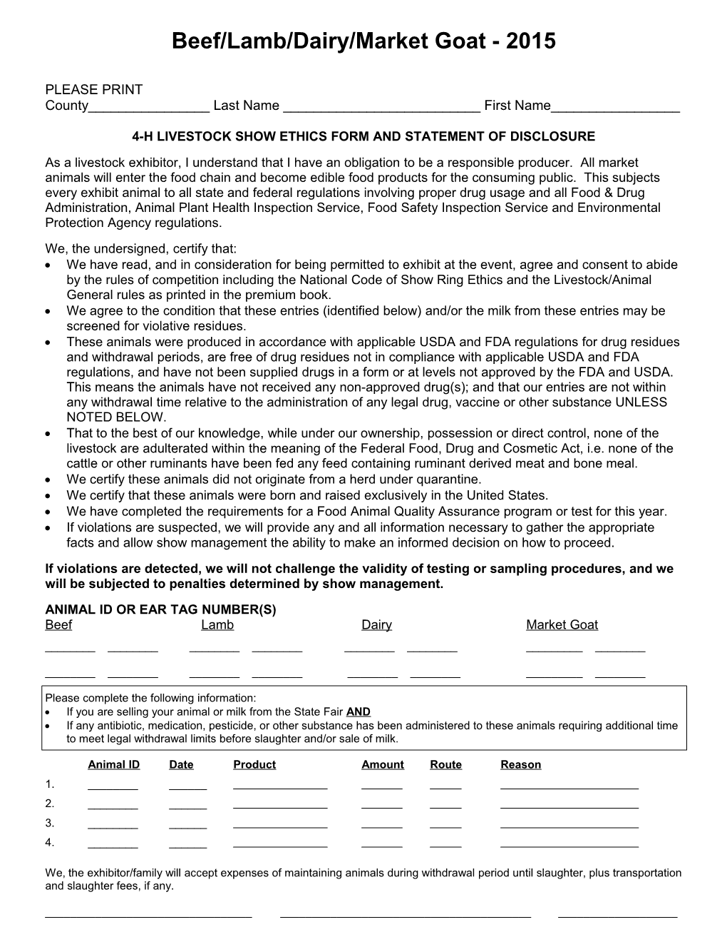 4-H Livestock Show Ethics Form and Statement of Disclosure s1