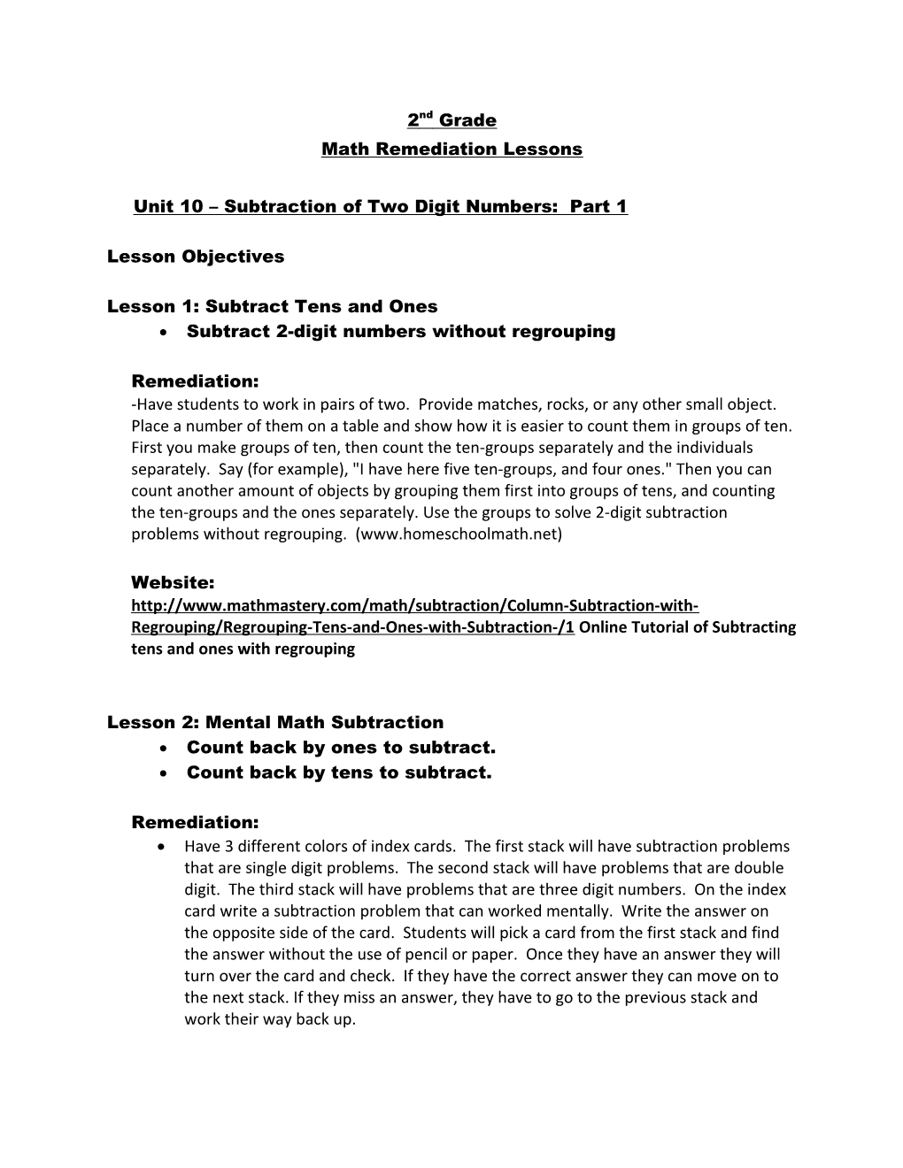 Unit 10 Subtraction of Two Digit Numbers: Part 1