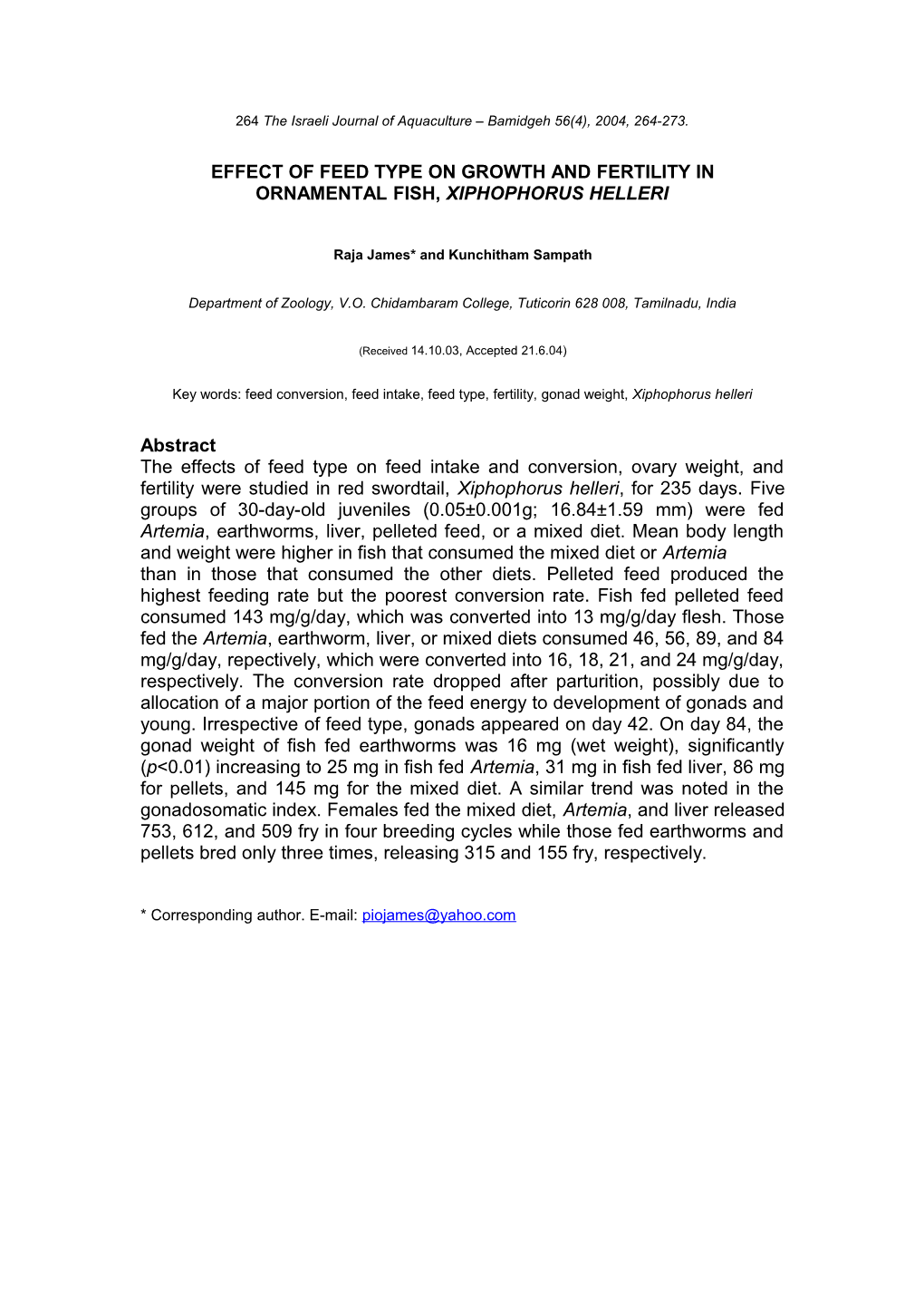 264 the Israeli Journal of Aquaculture Bamidgeh 56(4), 2004, 264-273