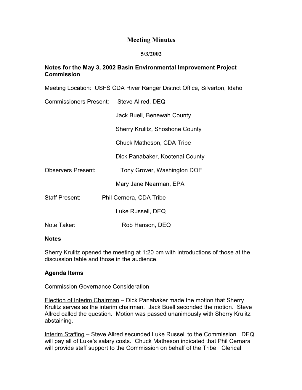 May 3, 2002 BEIPC Meeting Minutes