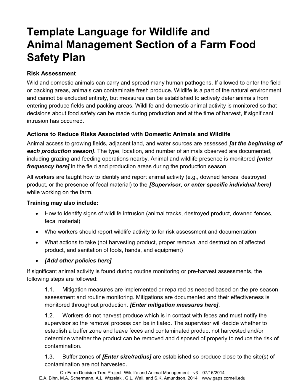 Template Language for Wildlife and Animal Management Section of a Farm Food Safety Plan