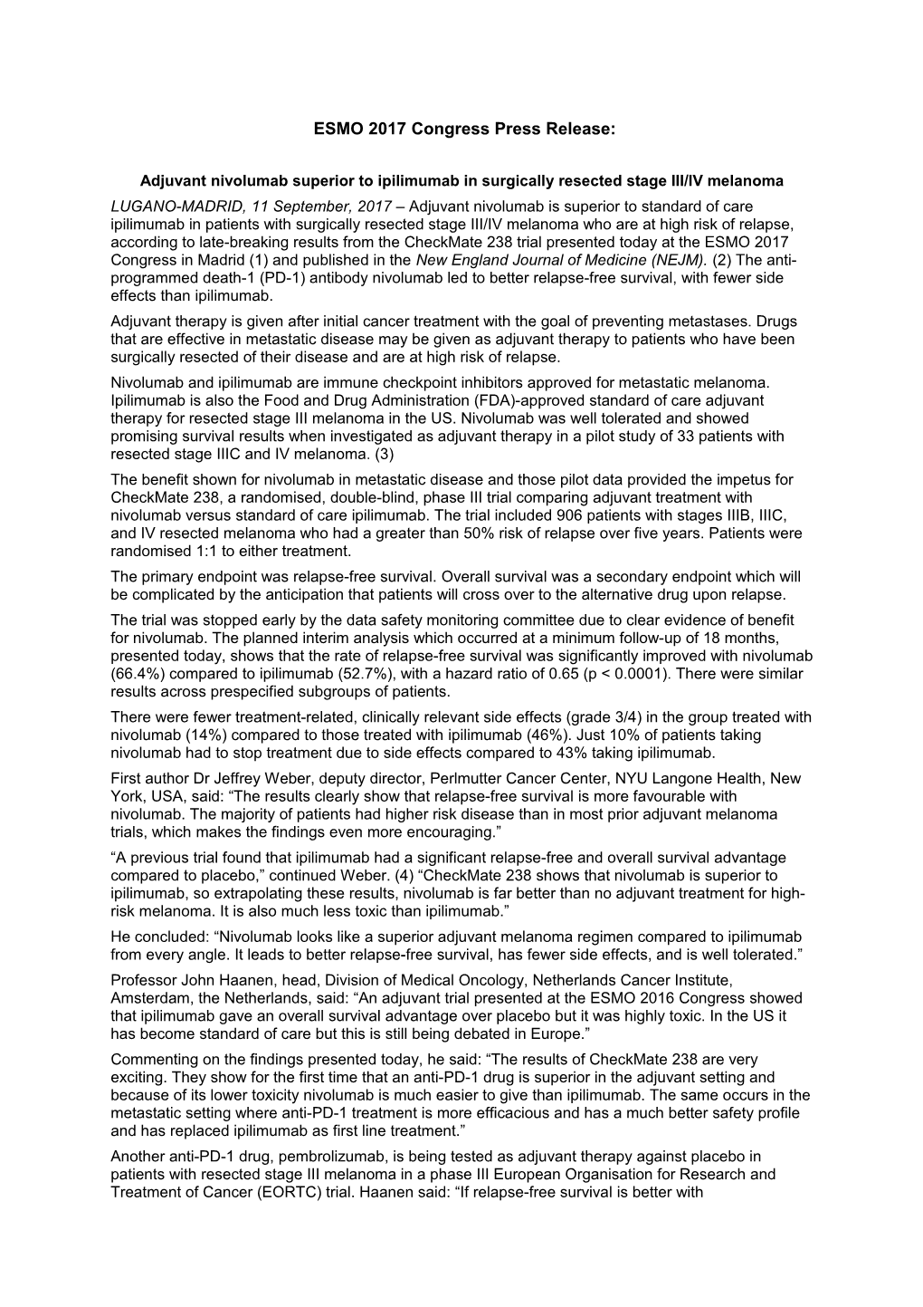 ESMO 2017 Congress Press Release