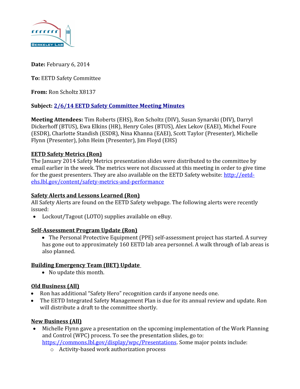 Subject:2/6/14 EETD Safety Committee Meeting Minutes