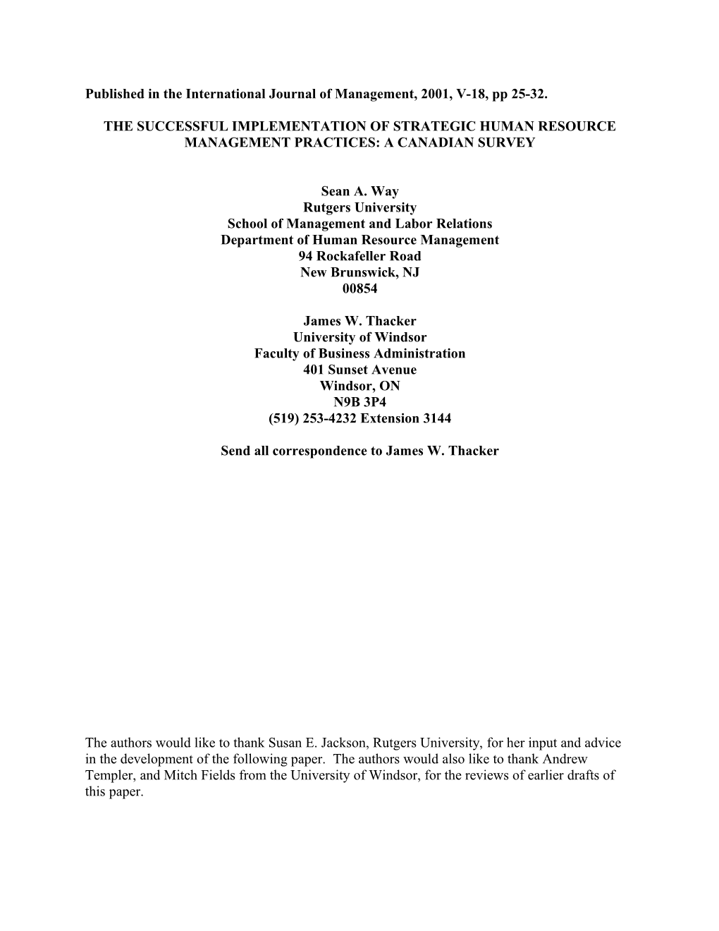 The Successful Implementation Of Strategic Human Resource Management Practices: A Canadian Survey