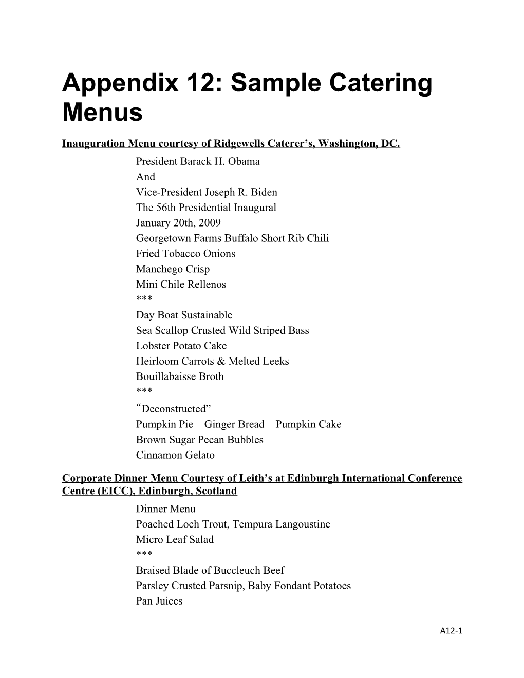 Appendix 12: Sample Catering Menus