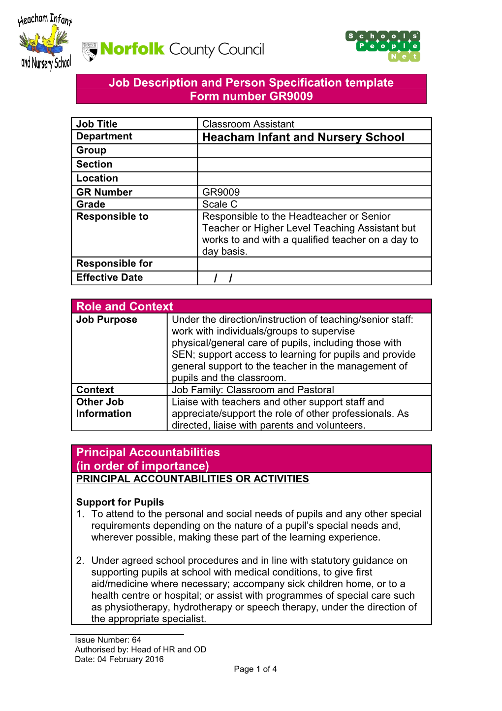 GR9009 Job Description and Person Specification Template Classroom Assistant (T9)