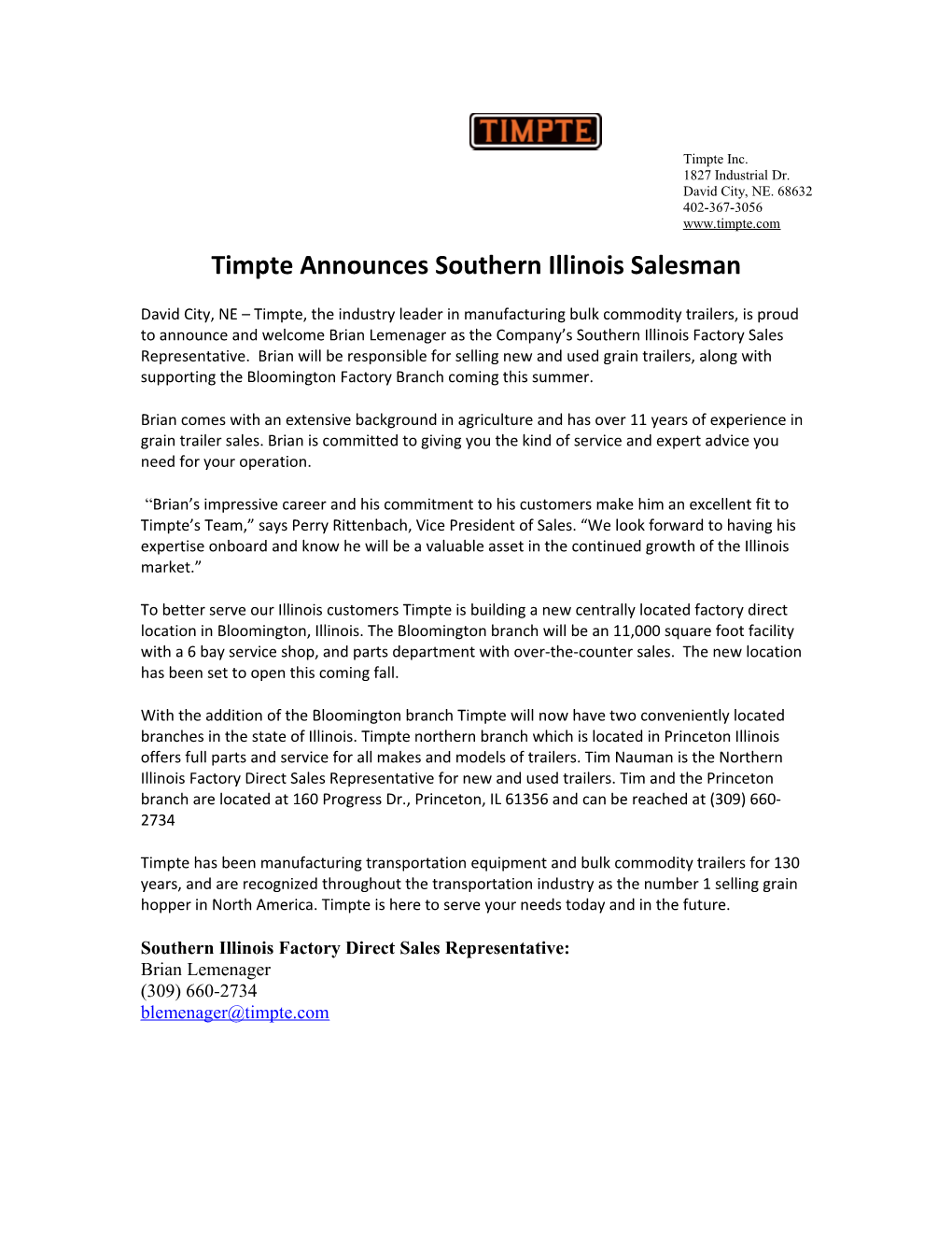 Timpte Announces Southern Illinois Salesman