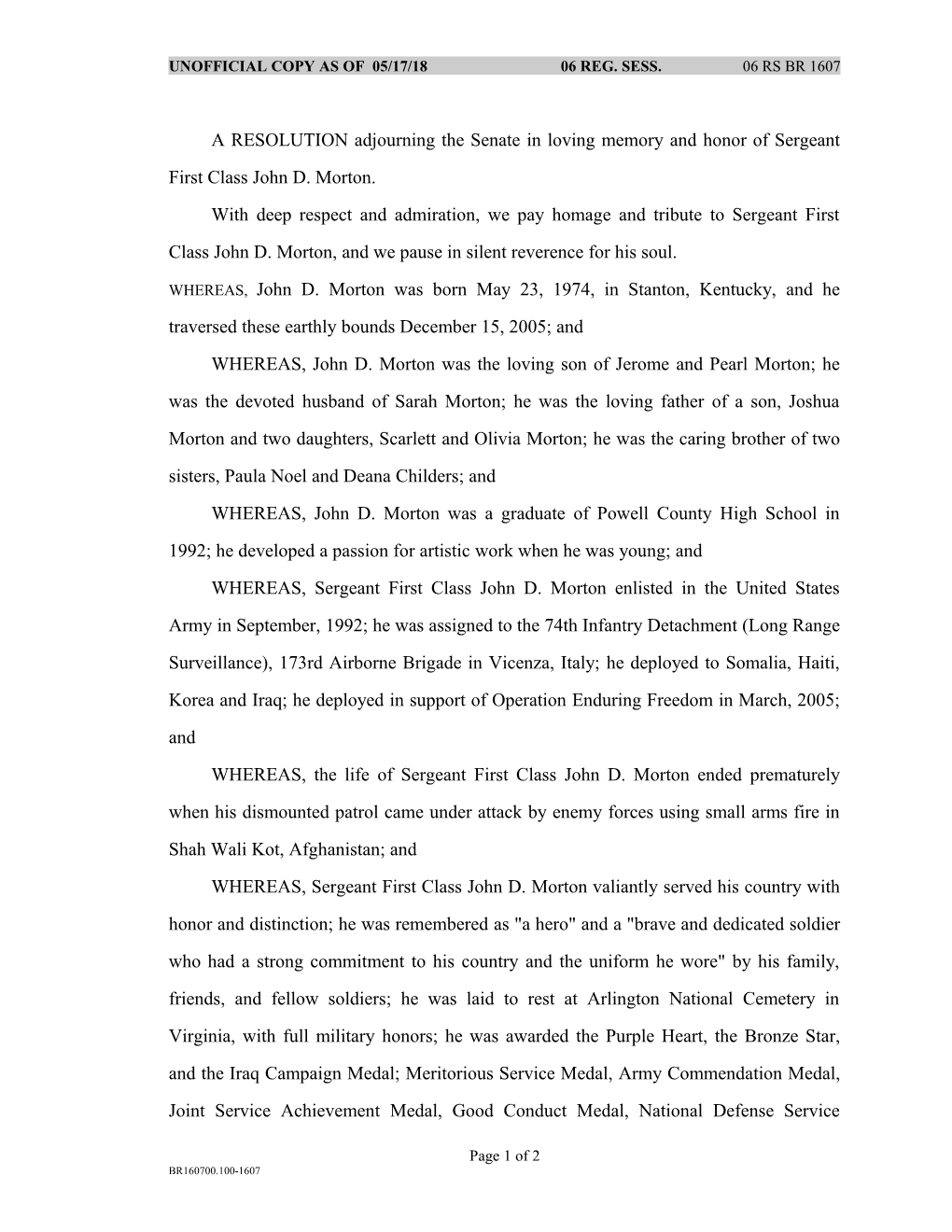 Unofficial Copy As of 01/23/06 06 Reg. Sess. 06 Rs Br 1607