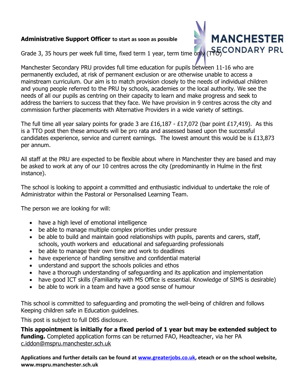 Pastoral Support Officer - Advert (April 17)